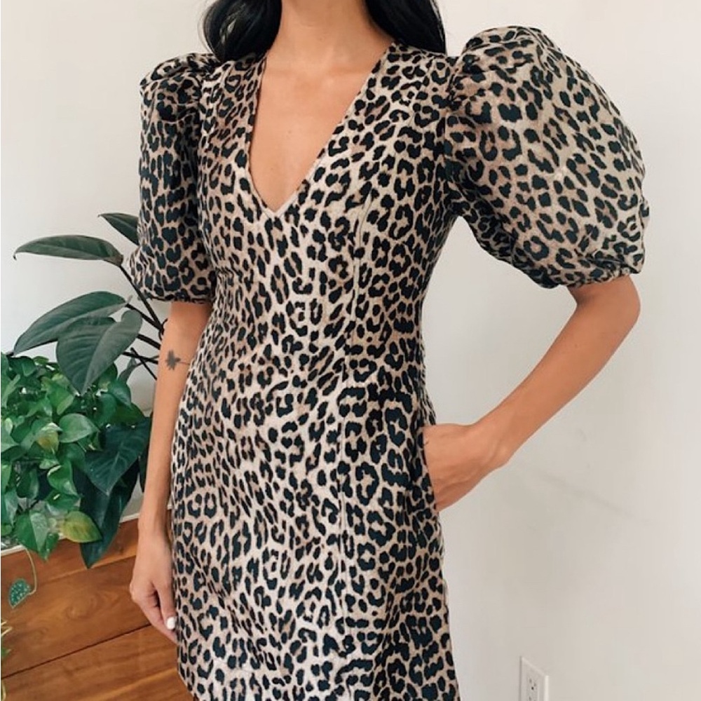 GANNI leopard puff sleeve v neck cocktail dress. Size 36 UK (S) with pockets!